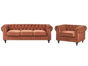 Living Room Set 4 Seater CHESTERFIELD Velvet Golden Brown