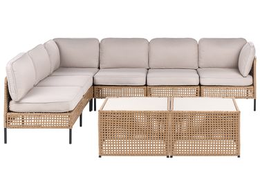 Garden Corner Sofa with Table 6 Seater OMEGANA Modular PE Rattan Light Beige