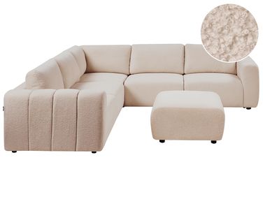 Modulaire hoekbank 5-zits KIVVIK Bouclé Beige met ottomaan rechtszijdig