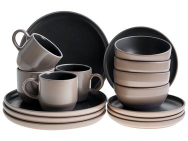 Set de 16 couverts de table NUTMEG Grès Noir/beige