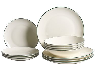 Set de 12 couverts de table CUMIN Porcelaine Blanc cassé/vert