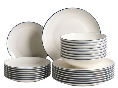 Set de 24 couverts de table CUMIN Porcelaine Blanc cassé/bleu