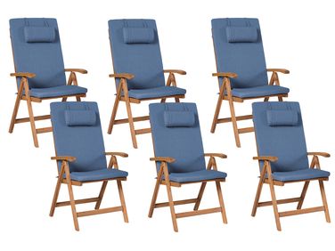 Lot de 6 chaises de jardin avec coussins JAVA PREMIUM Acacia Bleu