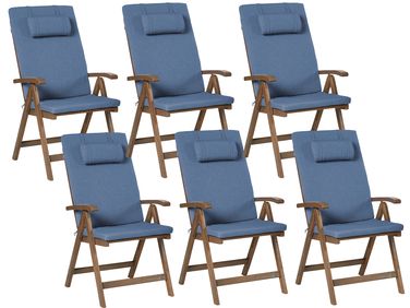 Lot de 6 chaises de jardin avec coussins AMANTEA PREMIUM Acacia Bleu