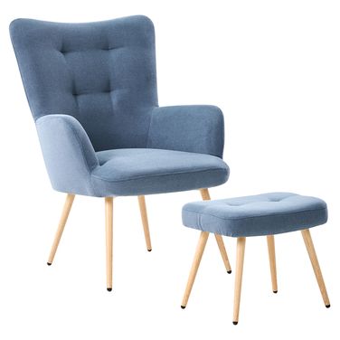 Oorfauteuil VEJLE met voetenbank Stof Donkerblauw
