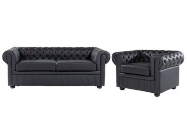 Living Room Set 4 Seater CHESTERFIELD Leather Black