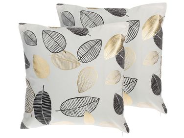 Lot de 2 coussins décoratifs LOTUS Coton 45 x 45 cm Blanc Doré Noir Motif de plante