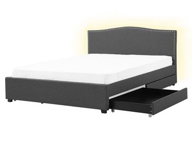 Lit avec tiroirs de rangement Tissu MONTPELLIER 160 x 200 cm LED Gris foncé