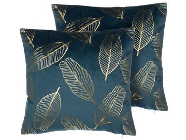 Lot de 2 coussins décoratifs FREESIA Velours 45 x 45 cm Bleu paon Motif de plante