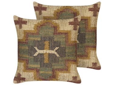 Lot de 2 coussins décoratifs PULICAT Jute 45 x 45 cm Vert Motif oriental