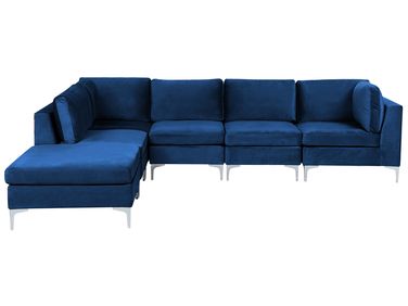 Modulaire hoekbank 5-zits EVJA Fluweel Marineblauw met ottomaan rechtszijdig