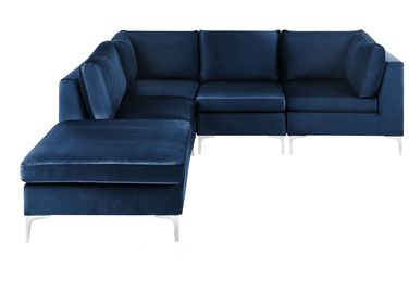 Modulaire hoekbank 4-zits EVJA Fluweel Marineblauw met ottomaan rechtszijdig