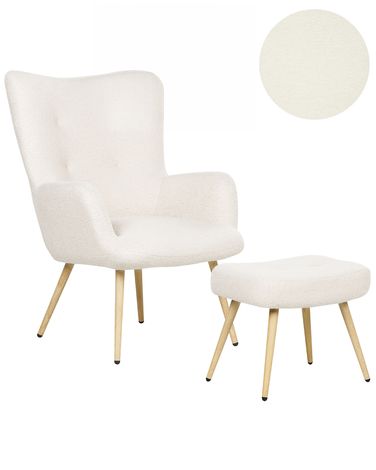 Oorfauteuil VEJLE met voetenbank Bouclé Gebroken wit