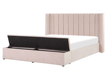 Lit à eau avec banquette de rangement Velours NOYERS 160 x 200 cm Rose pastel