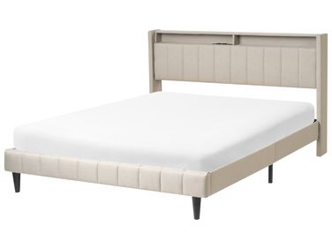 Lit avec LED Tissu BEAULIEU 160 x 200 cm avec rangement avec port USB Beige