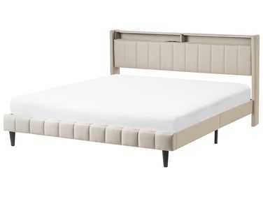 Lit avec LED Tissu BEAULIEU 180 x 200 cm avec rangement avec port USB Beige